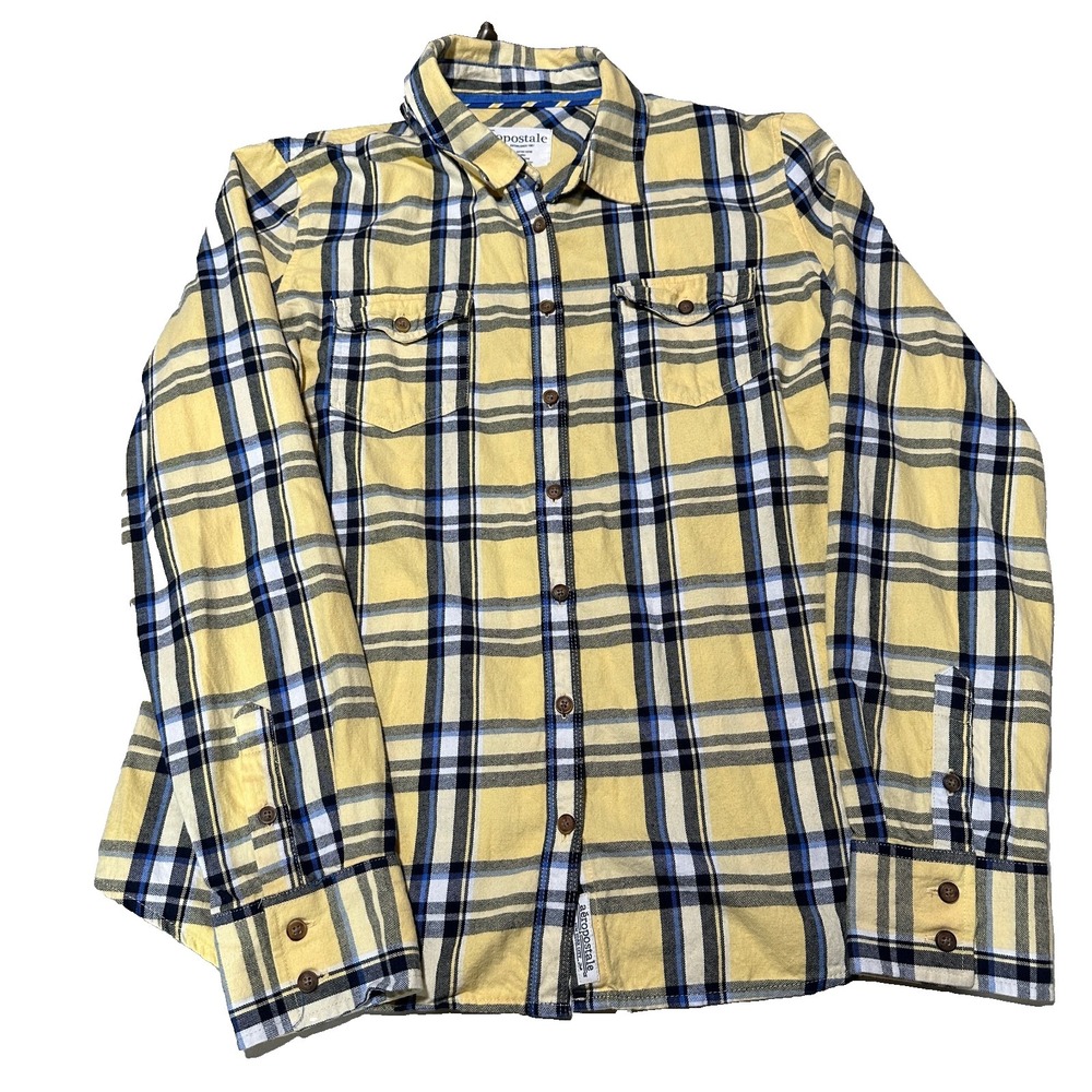 Aeropostale Womens Yellow Blue Plaid Button Down Shirt XL/TG Cotton Long Sleeve